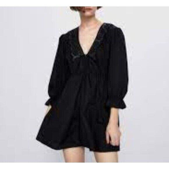 Zara V Neck Embroidered Long Sleeve Baby Doll Mini Dress Lined XS Black #3304 - Picture 2 of 14